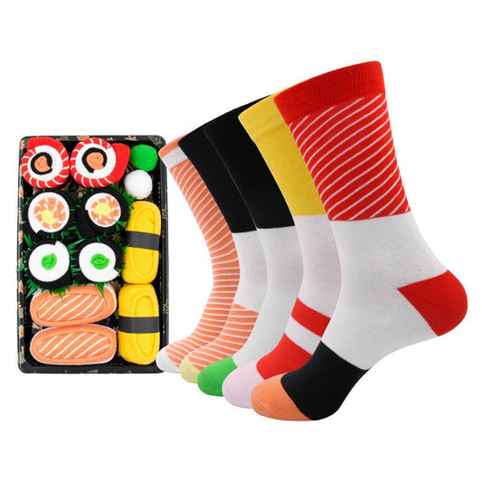 Sushi socks boxed like a real takeaway tray, with socks unrolled beside it