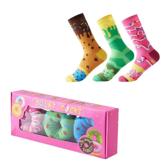 Donut socks rolled like donuts in their colourful box
