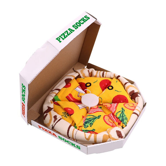 Pizza socks in an open pizza box, each slice a folded pair