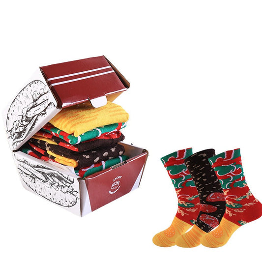 Burger socks stacked like a real burger in their burger box