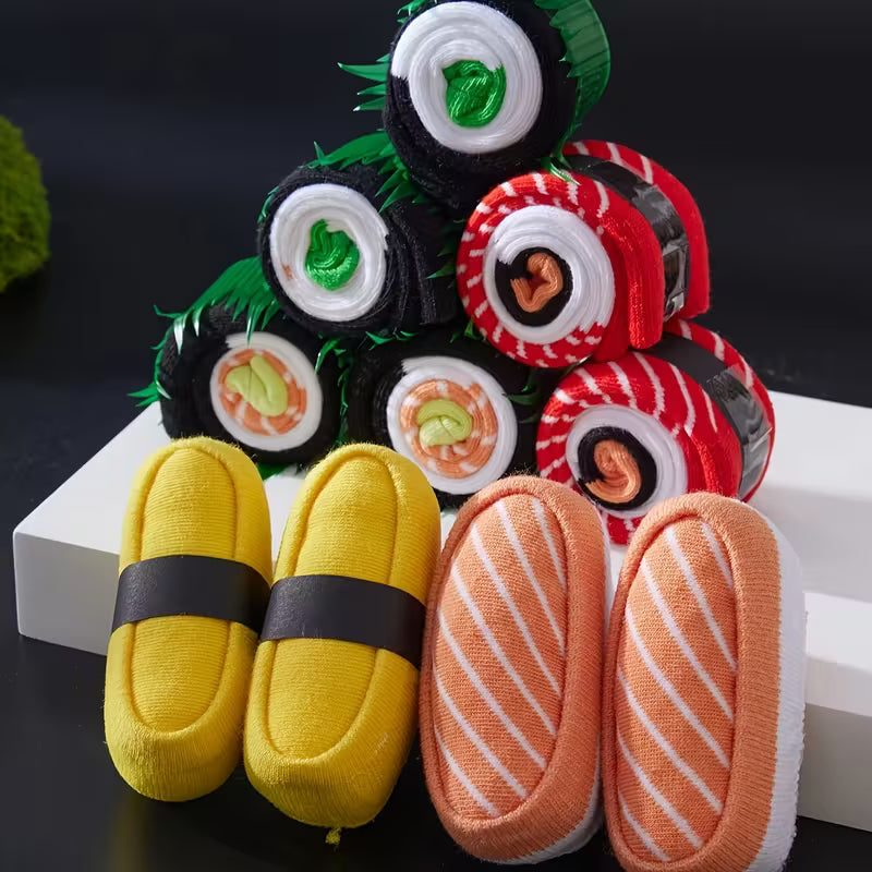 A stack of rolled sushi socks