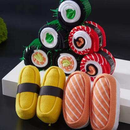 A stack of rolled sushi socks