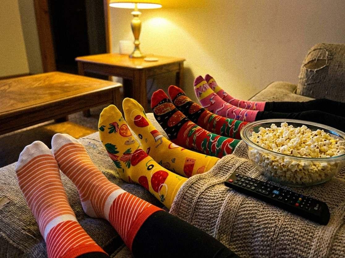 Four pairs of feet on the sofa, each in food socks (AI-generated illustration)