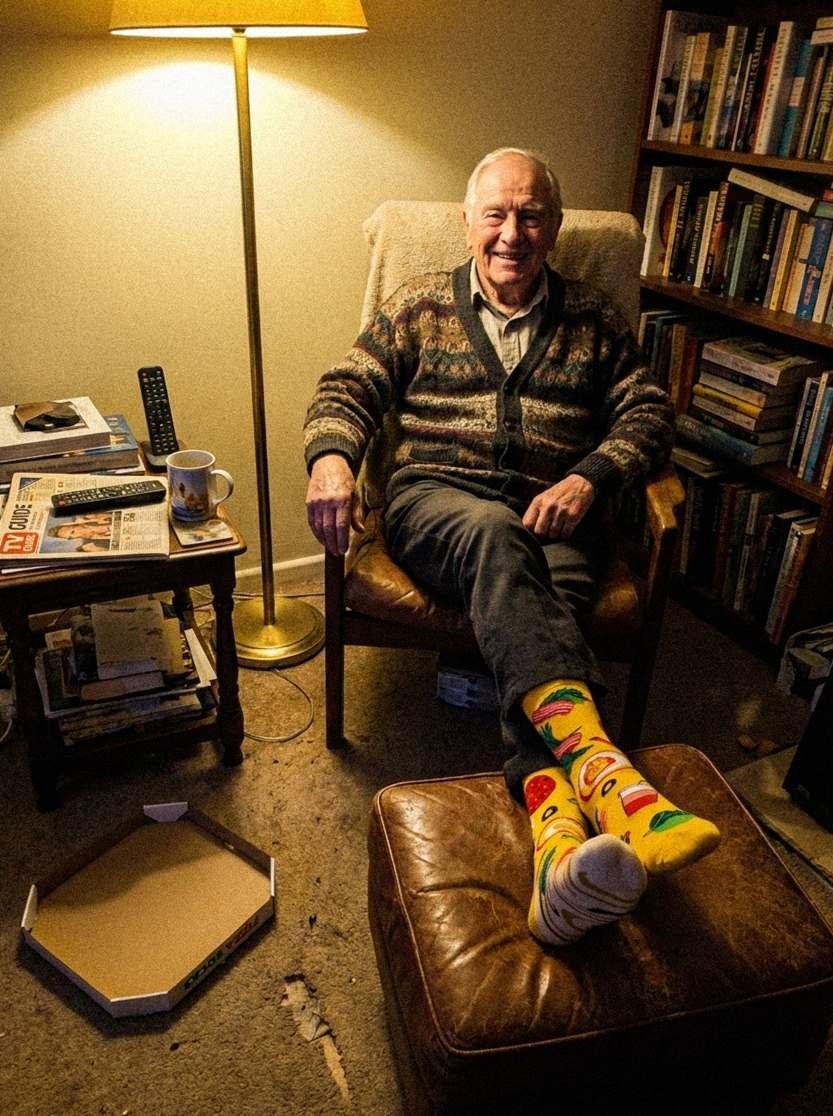 Grandpa in the armchair wearing his new socks (AI-generated illustration)