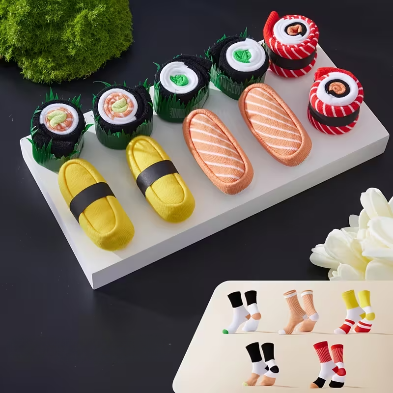 Sushi socks arranged on a serving board with chopsticks