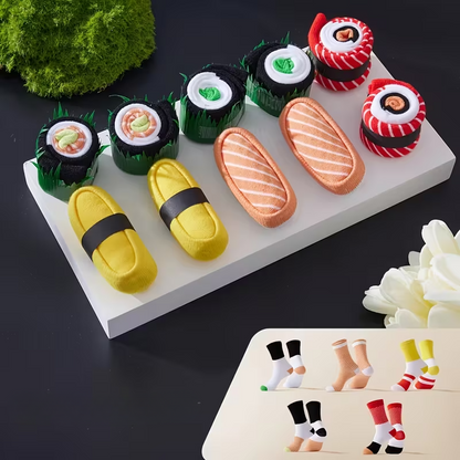 Sushi socks arranged on a serving board with chopsticks